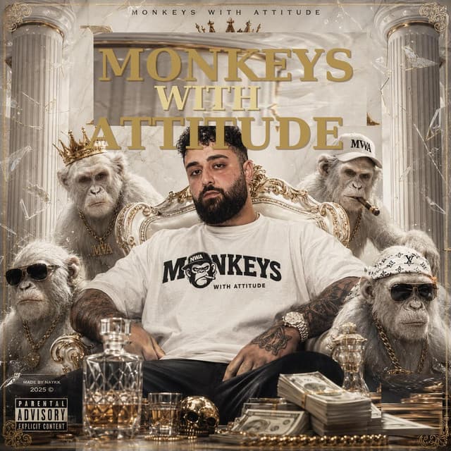 Cover der Single MwA: NAYKK im MWA-Shirt auf einem Thron, umringt von gekrönten Affen