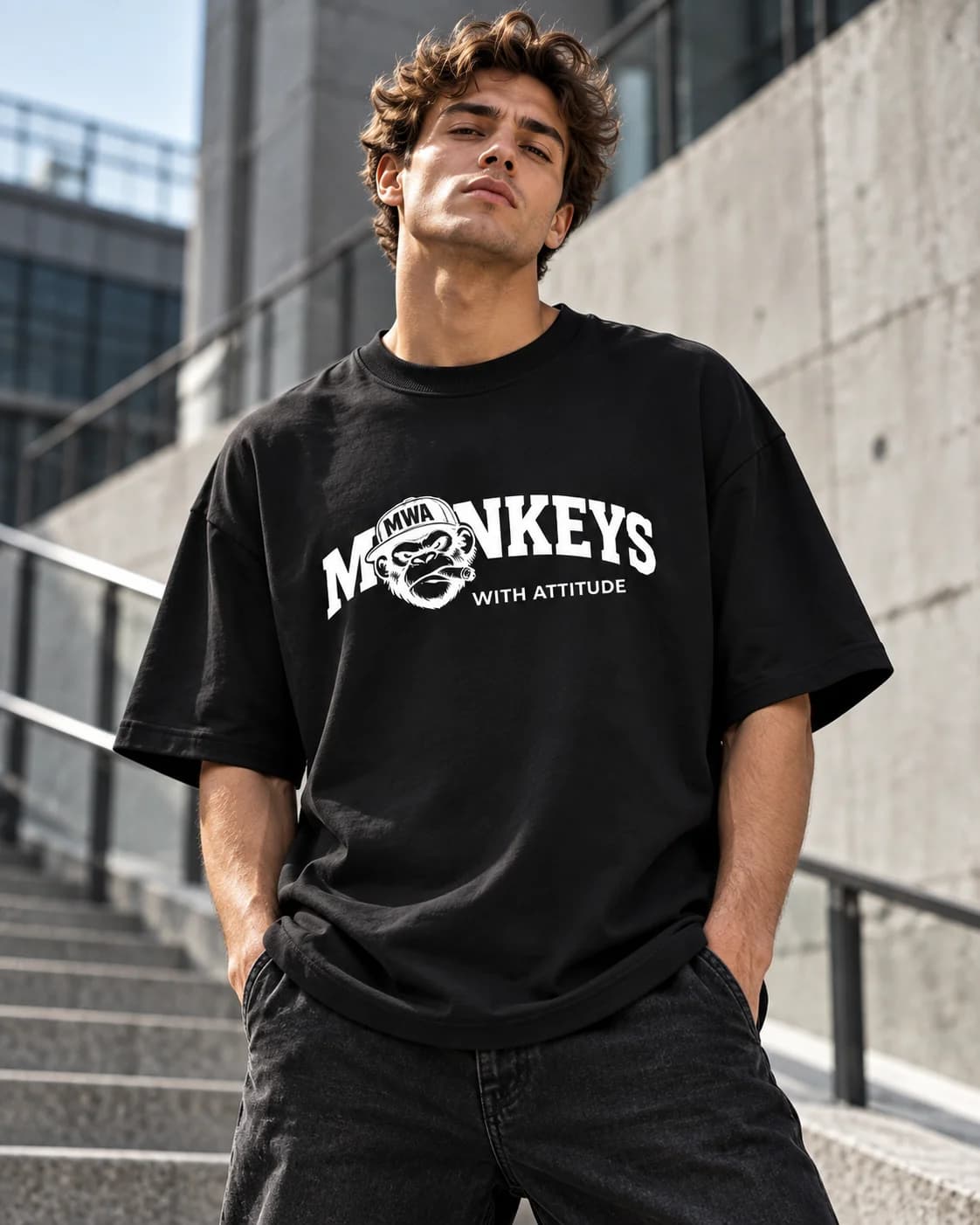 Model trägt das schwarze Original T-Shirt von Monkeys with Attitude mit Front-Print
